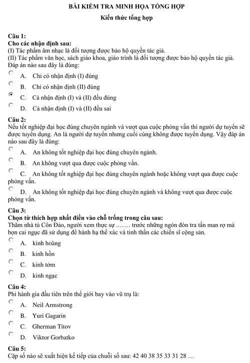 Bài kiểm tra năng lực minh họa của Đại học Luật TP HCM