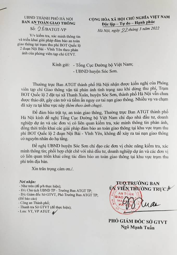 Sau khi Tạp chí GTVT đưa tin về vụ việc trạm thu phí bỏ hoang trên Quốc lộ 2 gây mất ATGT, Ban ATGT thành phố Hà Nội đã có văn bản đề nghị Tổng cục Đường bộ Việt Nam phối hợp cùng UBND huyện Sóc Sơn nhanh chóng giải quyết vấn đề này, tránh để xảy ra các vụ TNGT có nguyên nhân do cơ sở hạ tầng