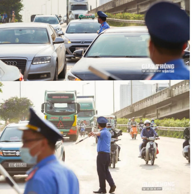 Cán bộ Đội Thanh tra Cơ động (Thanh tra Sở GTVT Hà Nội) phân luồng, hướng dẫn phương tiện lưu thông an toàn ở khu vực ngã 3 Pháp Vân. 
