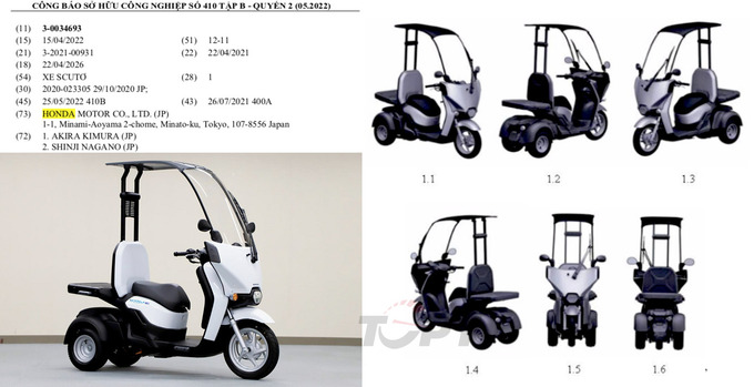 Đăng kí bảo hộ kiểu dáng công nghiệp của Honda Gyro Canopy:e tại Việt Nam chứ không phải là phiên bản Gyro thường, không có mui cứng.

