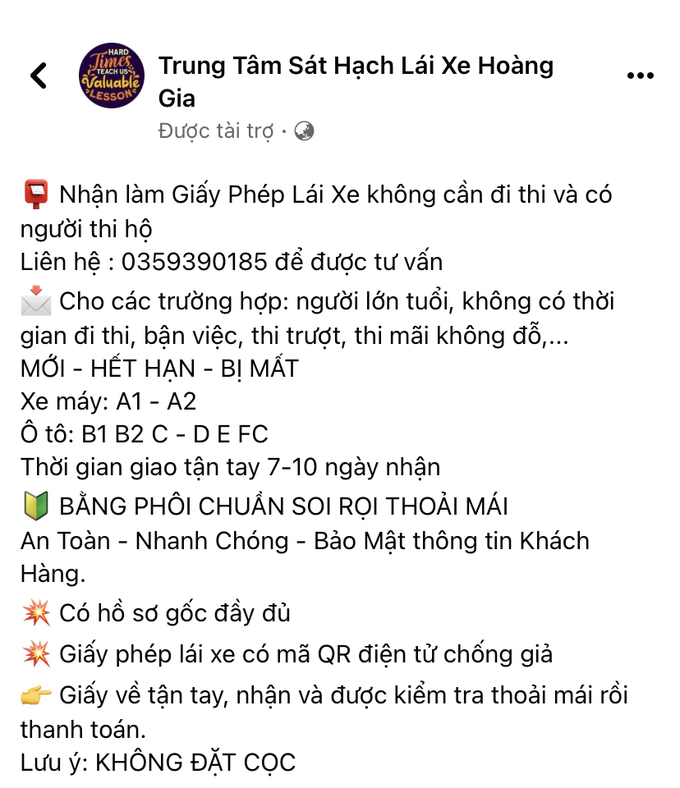 Nhiều công ty tư vấn ngang nhiên mạo danh các cơ sở đào tạo sát hạch lái xe uy tín để đăng thông tin quảng cáo công khai nhận làm GPLX không cần học và đi thi với giả chỉ 5,5 triệu đồng.