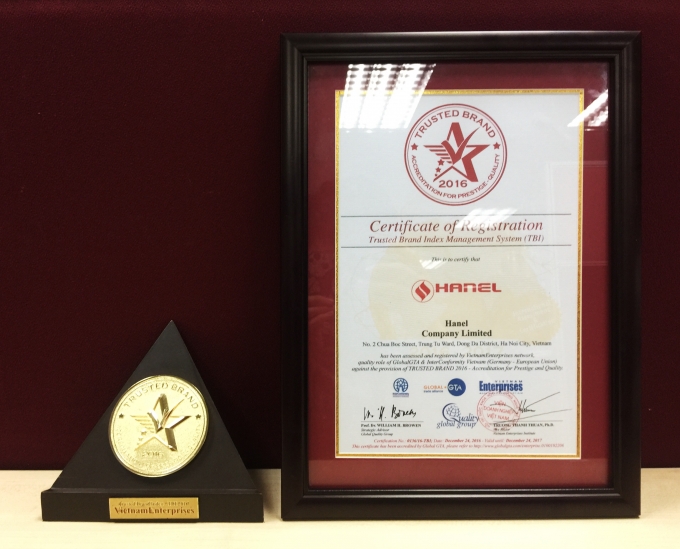 Bằng khen Trusted Brand 2016 dành cho Hanel