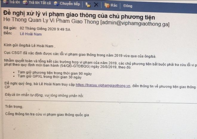 Cục CSGT cảnh báo gửi email 