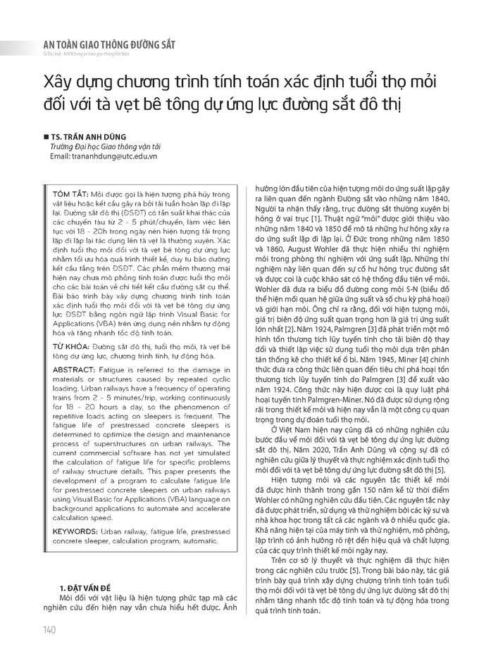 Xây dựng chương trình tính toán xác định tuổi thọ mỏi đối với tà vẹt bê tông dự ứng lực đường sắt đô thị